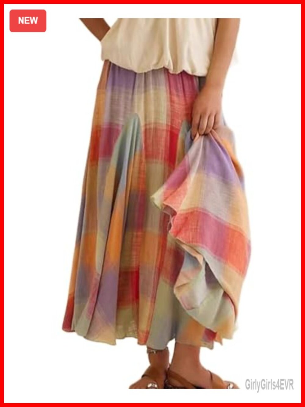 Plaid Ruffle Elastic Waist Flowy Midi Skirt
